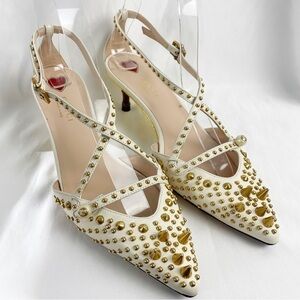 Gucci Unia Spiked Pointed Toe Bamboo Pointed Toe Kitten Heels White EU 37
